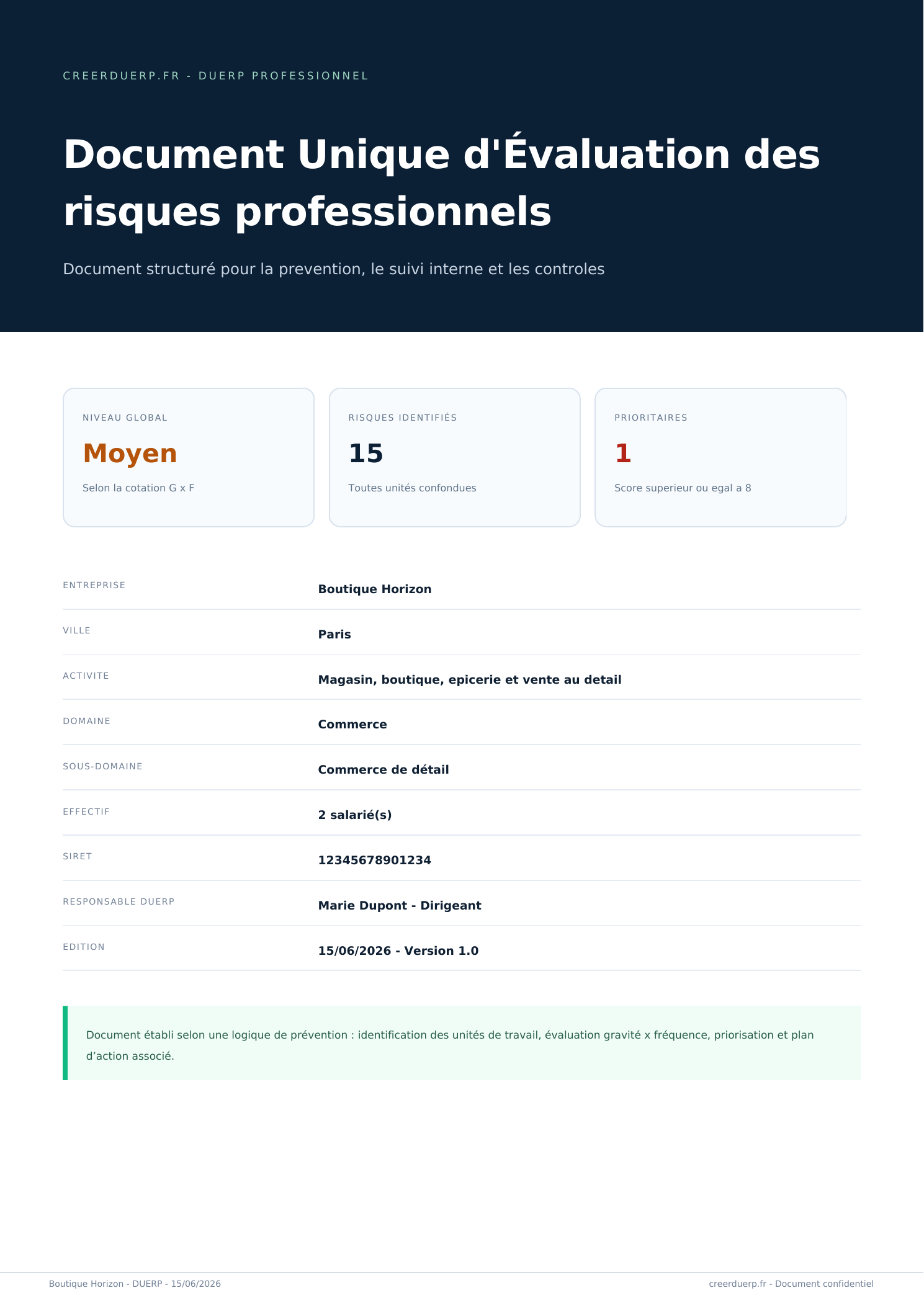Exemple couverture DUERP Commerce