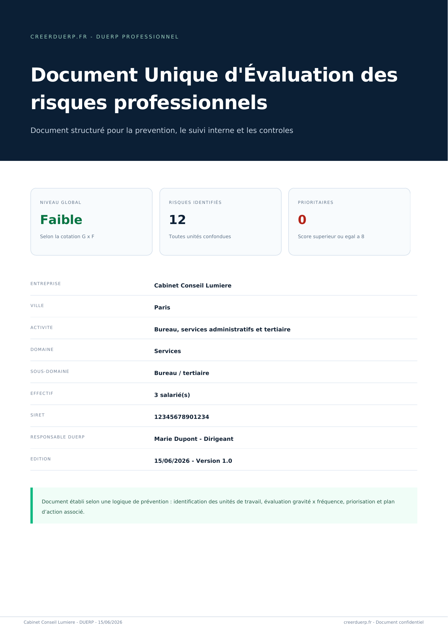 Exemple couverture DUERP Bureau / pro